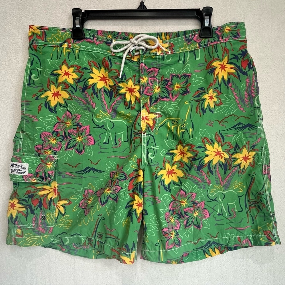 Polo Ralph Lauren Men's Green Tropical Swim Trunks Sz Large Elephants Giraffes